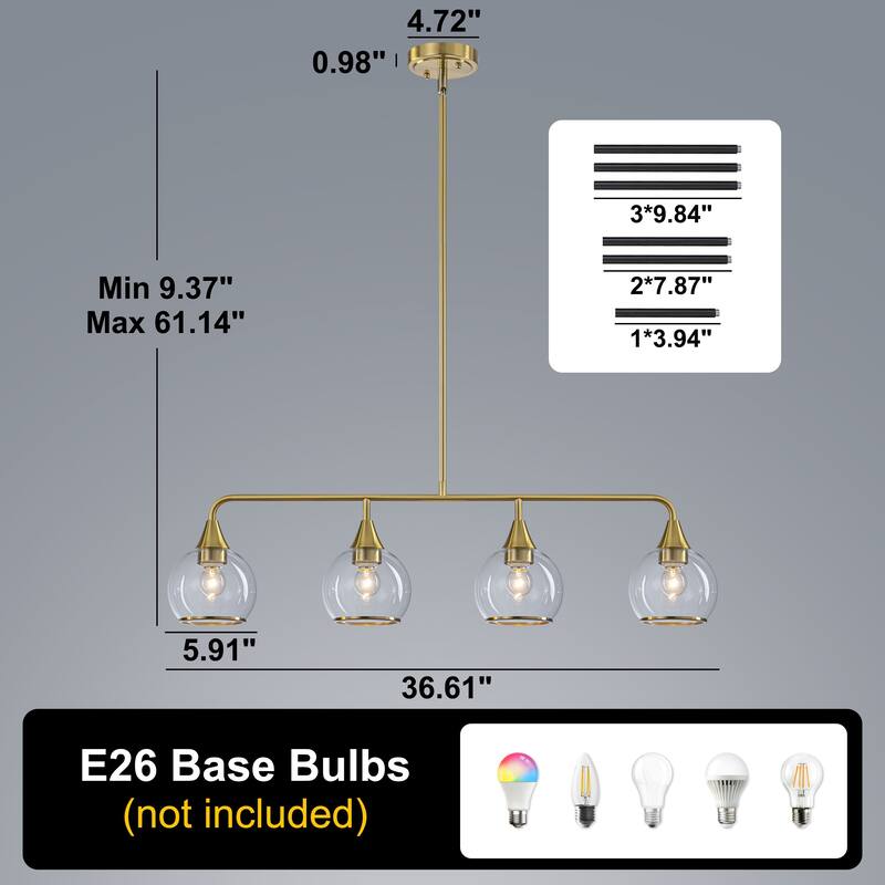 Starsky 4-Light Linear Clear Glass Globe Pendant for Kitchen Island, Modern Adjustable Chandelier