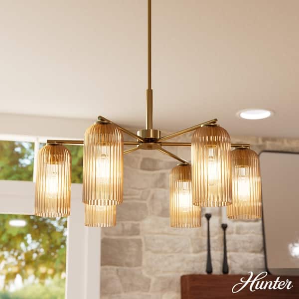 slide 2 of 7, Hunter + Jasmine Roth Beverly Glen Ribbed Glass Round and Linear Chandelier - Transitional, Contemporary, Glam 6-Light Round - Amber Glass - Luxe Gold - Amber Glass - 6 Light