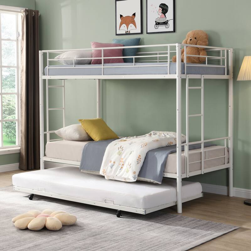 Modern White Metal Bunk Bed with Trundle, Space-Saving and Sturdy Design, Easy Assembly, No Box Spring Needed - White