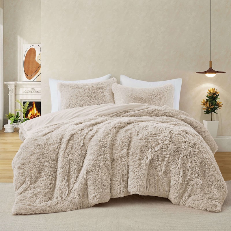 Fluffy Shaggy Reversible Faux Fur Comforter Set, Fuzzy Plush Bedding Set - Beige - King