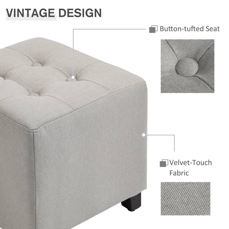 HOMCOM Tufted Ottoman Linen-Touch Fabric Upholstered Footrest Stool with Anti-Slip Pads