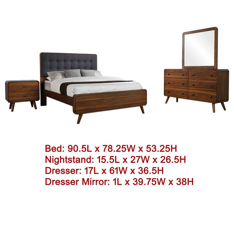 Ryb 4pc Bedroom Set w Cal King Bed, Walnut Brown, Dark Gray Upholstery