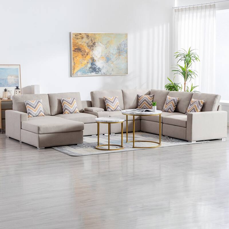 Linen Fabric 7 Piece Reversible Chaise Sectional Sofa with Storage Console Table and 6 Pillows