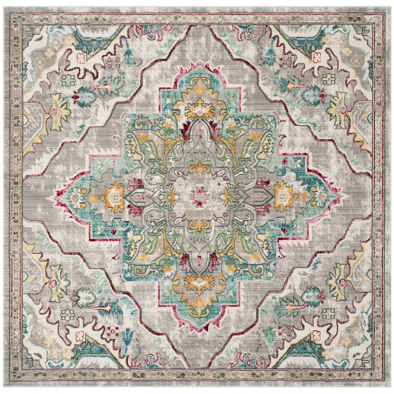 SAFAVIEH Mystique Adila Oriental Polyester Rug - 6'7" Square - Grey/Light Blue