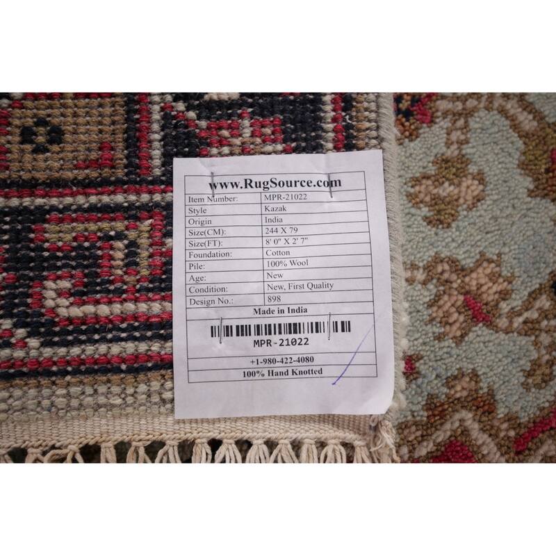 Kazak Indian Runner Rug Hand-Knotted Wool Carpet - 2'7"x 8'0"