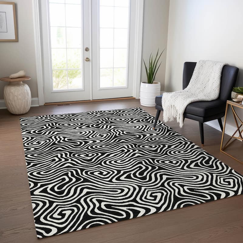 Machine Washable Indoor/ Outdoor Modern Trance Chantille Rug - Black - 10' x 14'