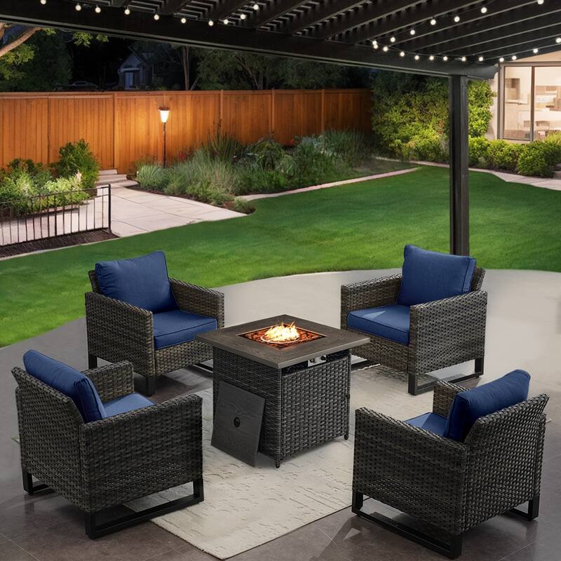 Gymojoy Outdoor Fire Pit Conversation Set, Patio Furniture with Cushions - 5 PCS - Club Chair & Fire Pit - Grey Wicker / Blue Cusion