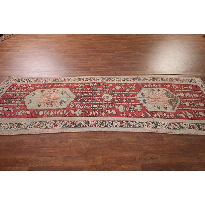 Red Hamedan Persian Vintage Runner Rug Hand-Knotted Wool Carpet - 3'3" x 10'3"