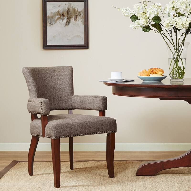 Roomfitters Arm Dining Chair, Faux-Textured Brown Upholstery with Brass Nailhead Trim and Espresso Birch Legs