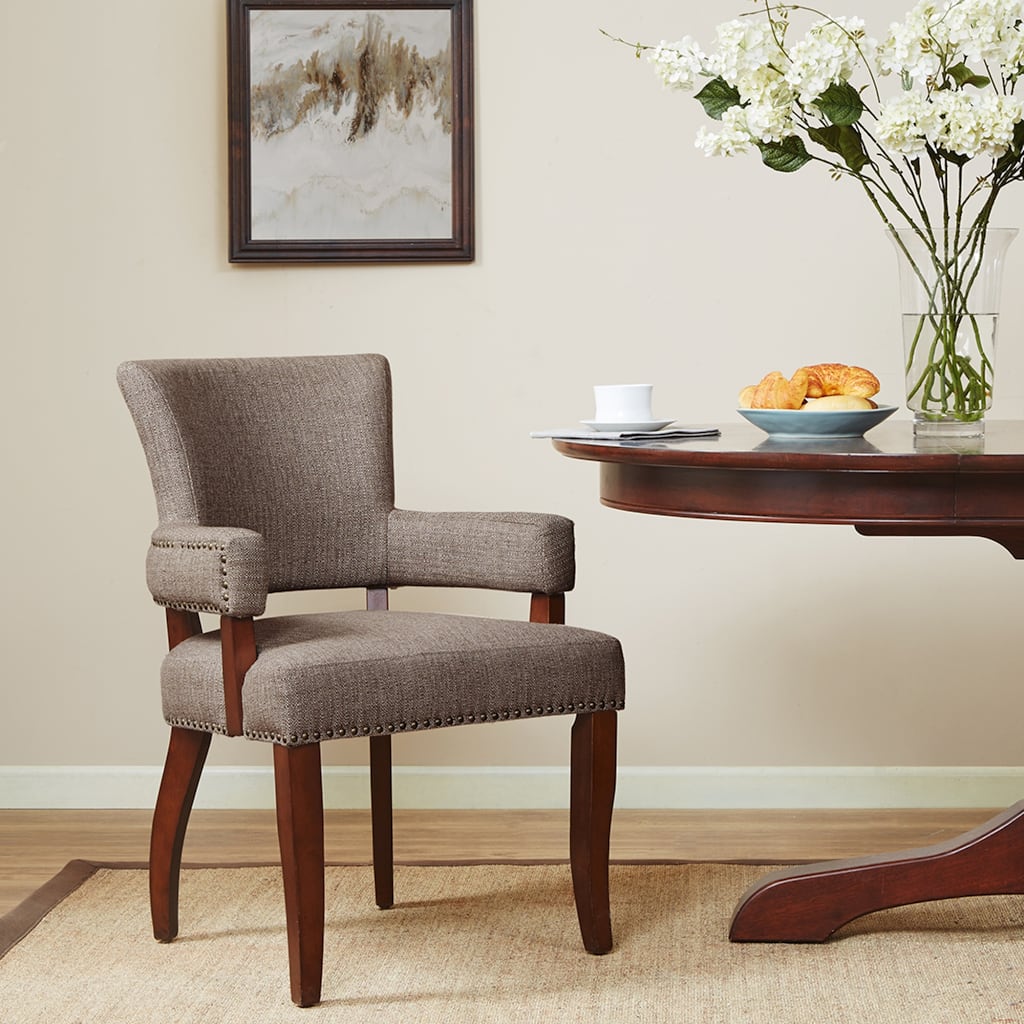 Roomfitters Arm Dining Chair, Faux-Textured Brown Upholstery with Brass Nailhead Trim and Espresso Birch Legs