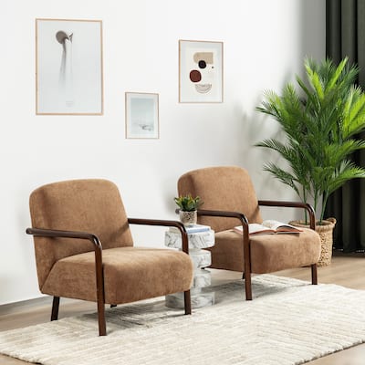 Glitzhome Set of 2 Mid-Century Modern Brown Fabric Thick Armchair with Walnut Rubberwood Frame