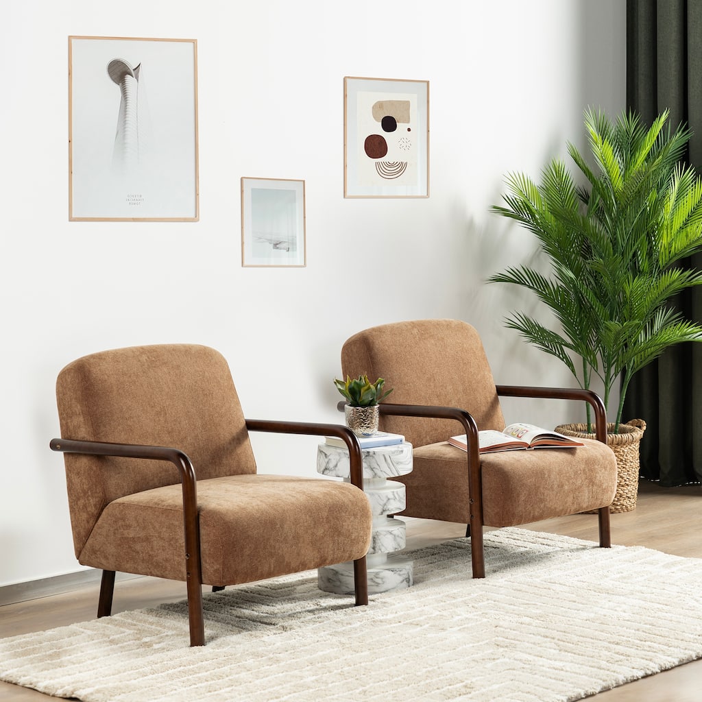 Glitzhome Set of 2 Mid-Century Modern Brown Fabric Thick Armchair with Walnut Rubberwood Frame