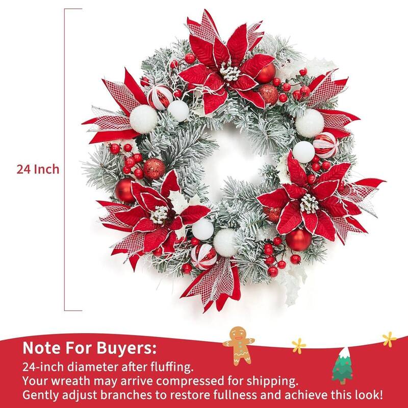 24 Inch PVC Christmas Wreath, Pinewood Red and White Garland for Front Door, Fireplace - N/A