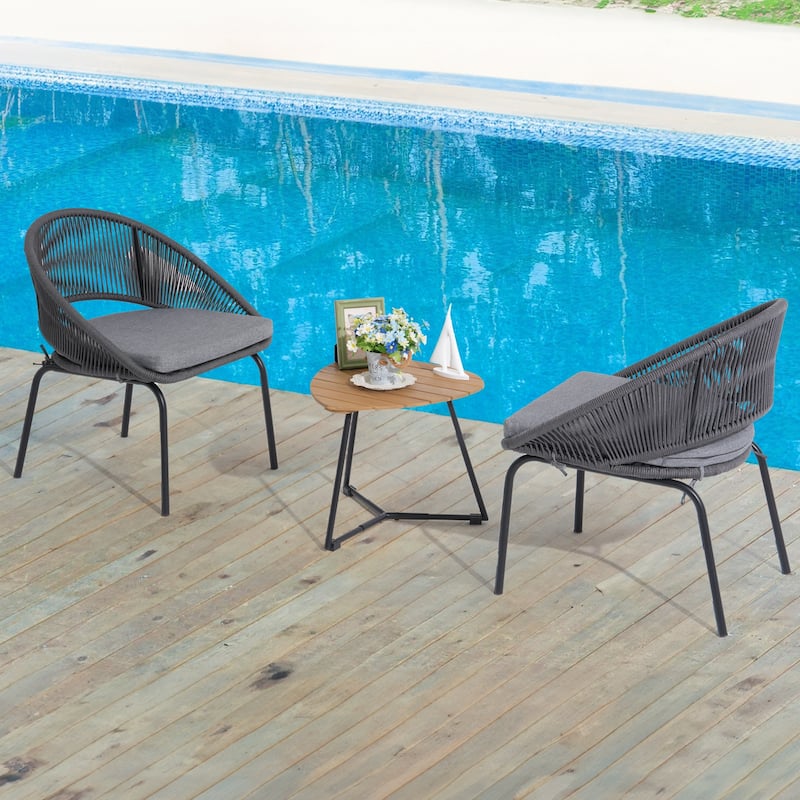 Luxurious 3-Piece Metal Woven Rope Outdoor Bistro Set with Gray Cushion & Coffee Table - 24.8*24.6*29.2 INCH