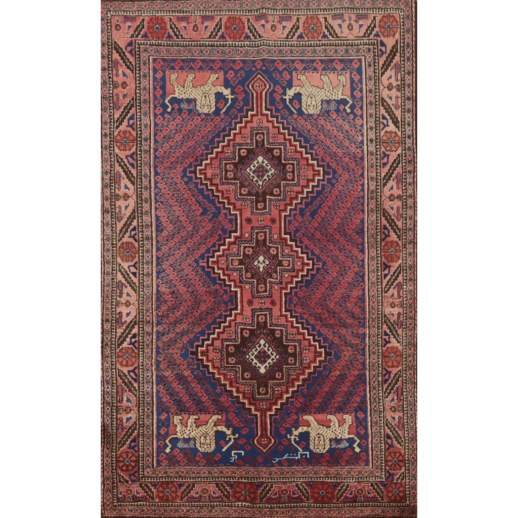 Hand Knotted Oriental 100% Wool Carpet Traditional Tribal Navy Blue & Blues Hamedan Area Rug - 6' 5'' X 3' 9''