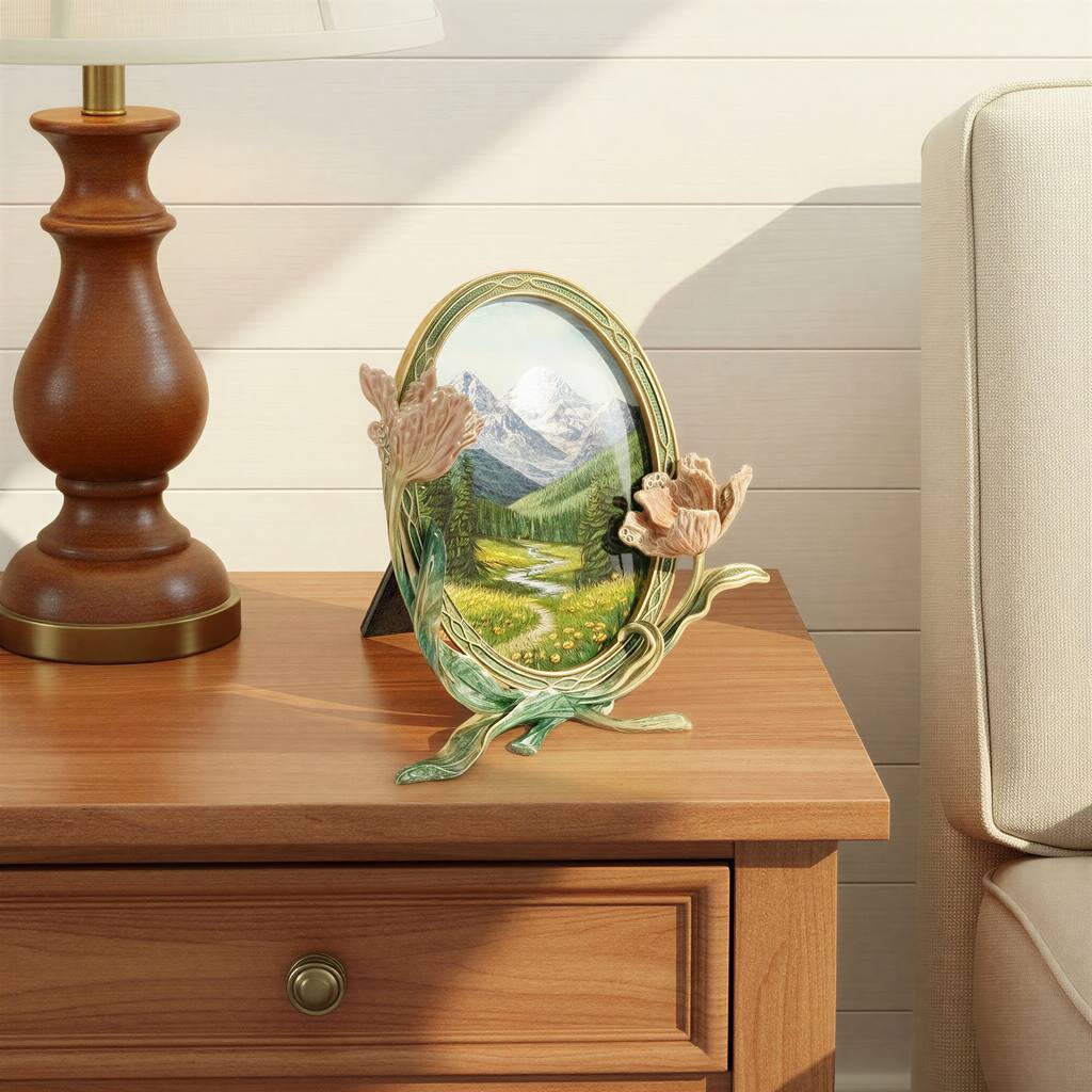 Enameled Metal Photo Frame with 3D Flowers & Jewels