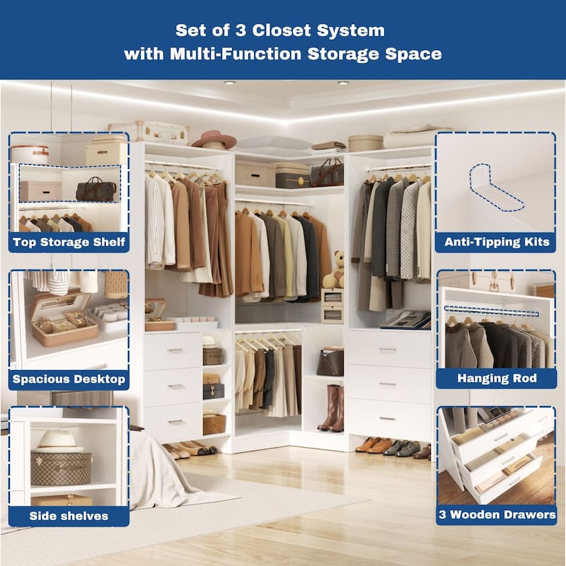 Cimly Set of 3 Freestanding Corner Closet System, Space-saving Closet Organizer for Walk-in/ Reach-in Closet