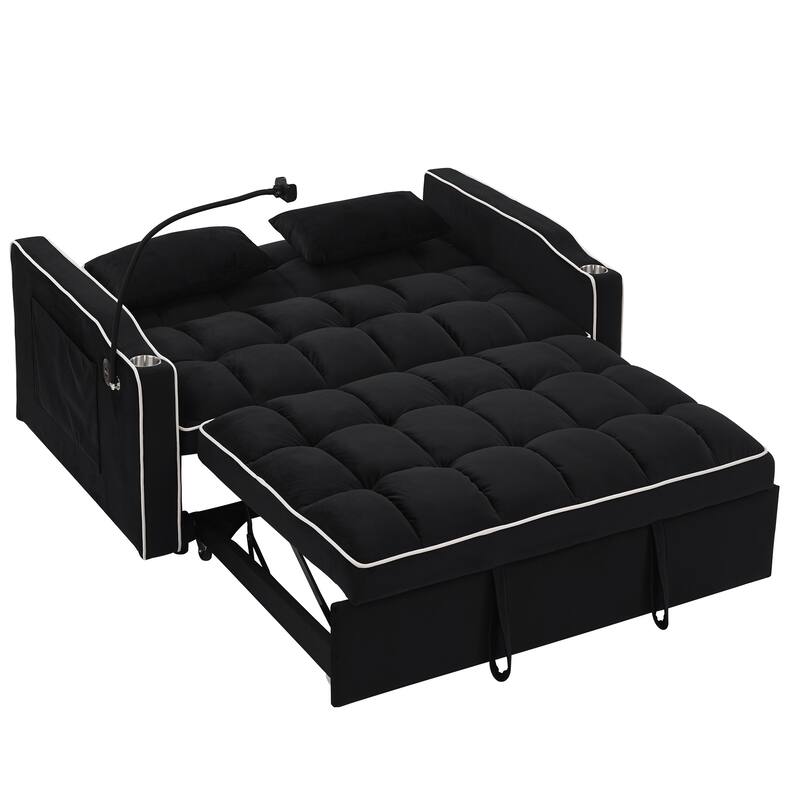 55.51 inch versatile foldable sofa bed in 3 lengths modern sofa velvet pull-out bed, adjustable back USB port swivel phone stand