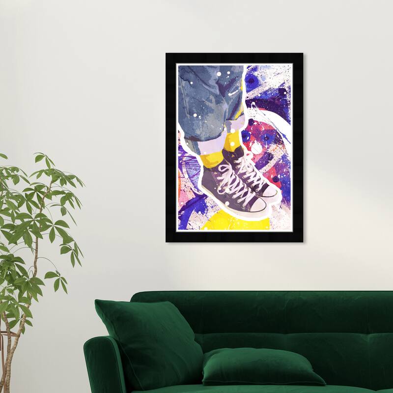 Wynwood Studio Prints Fashion and Glam Graffitti Sneakers Blue and Neon Yellow Modern & Contemporary Wall Art Canvas Print - Black