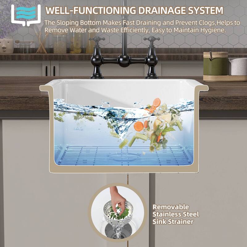 18" L X 18" W Fireclay Single Bowl Drop-In Kitchen Sink Undermount Farmhouse Sink With Accessory