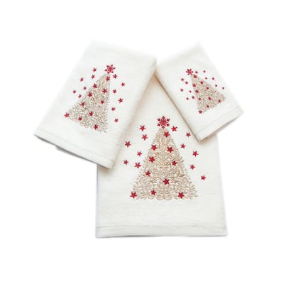Xmas Premium Decor Soft 100% Cotton Embroidered Bathroom Modern 3 Piece Christmas Towel Set, Gold Christmas Tree with Ivory Base