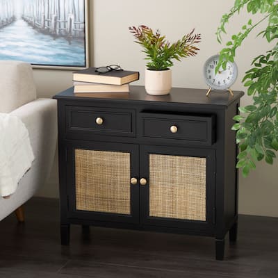 Black Wood Handmade 2 Drawers and 2 Door Cabinet with Rattan Front
