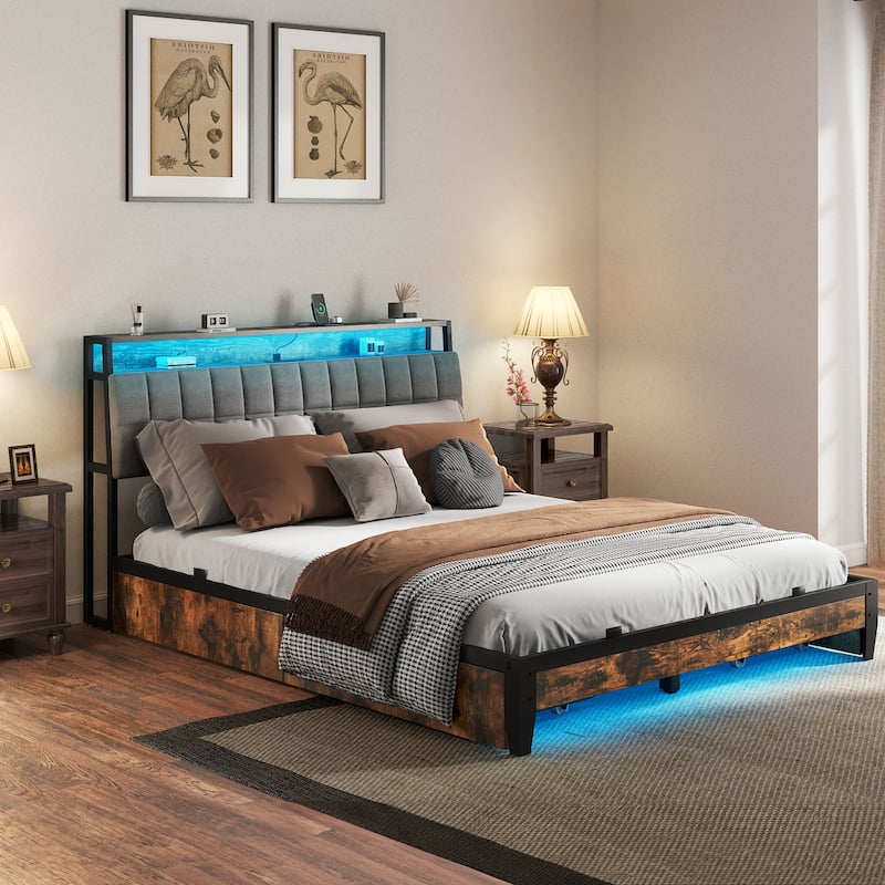 Upholstered Platform Bed with Charging Station and Storage Headboard - Brown-With LED - Queen