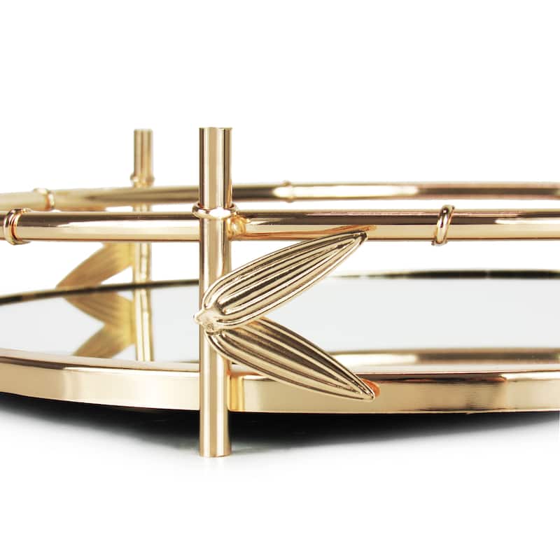 Gold Bamboo Style Round Metal Mirror Decorative Tray Serving Platter