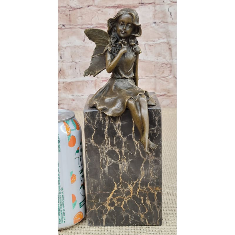 Hot Cast Bronze Sculpture Statue Young Child Fairy Angel Girl Holding Flower Marble Base
