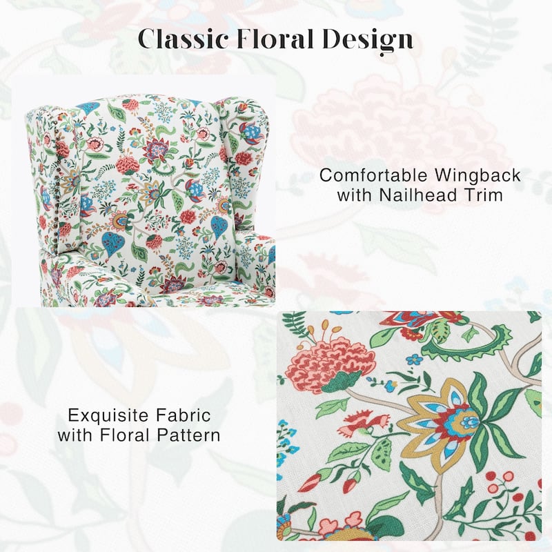 HOMYKA 29'' Wide Floral Pattern Wingback Accent Armchair with Nailhead Trim