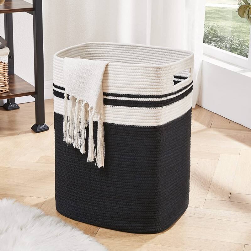 Laundry Hamper-Laundry Basket,Tall Cotton Storage Basket with Handles - 16*13*22 - Black
