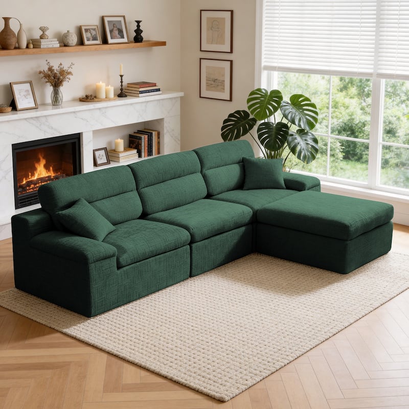 111" L-Shaped Slub Chenille Sofa with High Backrest, No Assembly Required - Green