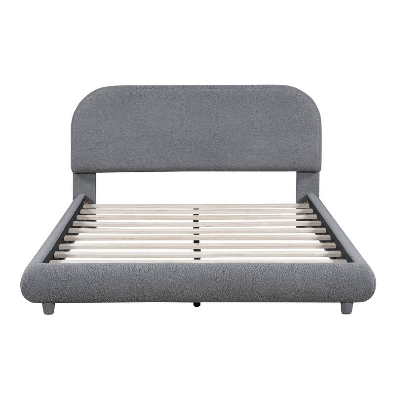 Full/Queen Size Teddy Fleece Upholstered Bed with Thick Fabric, Platform Bed Frame with Headboard & Stylish Curve-shaped Design