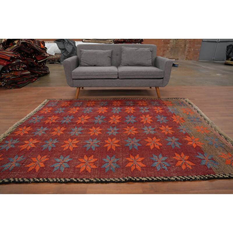 Hand Woven Oriental 100% Wool Carpet Southwestern Tribal Red Kilim Area Rug - 7' 5'' X 5' 8''