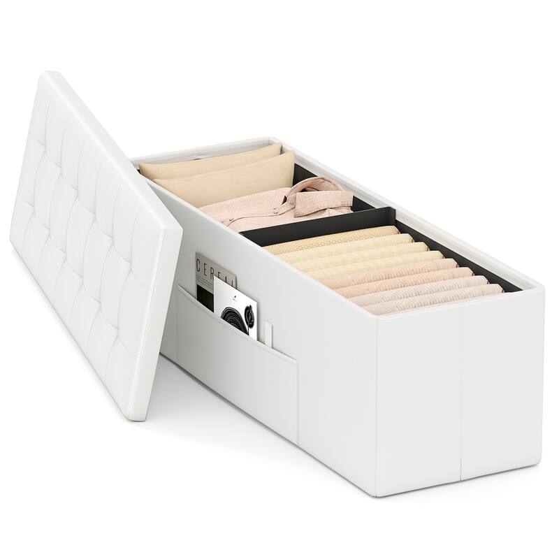 43 Inch PU Leather Storage Ottoman Bench with 38 Gallon Capacity Removable Divider and Foam Cushion for Living Room Entryway