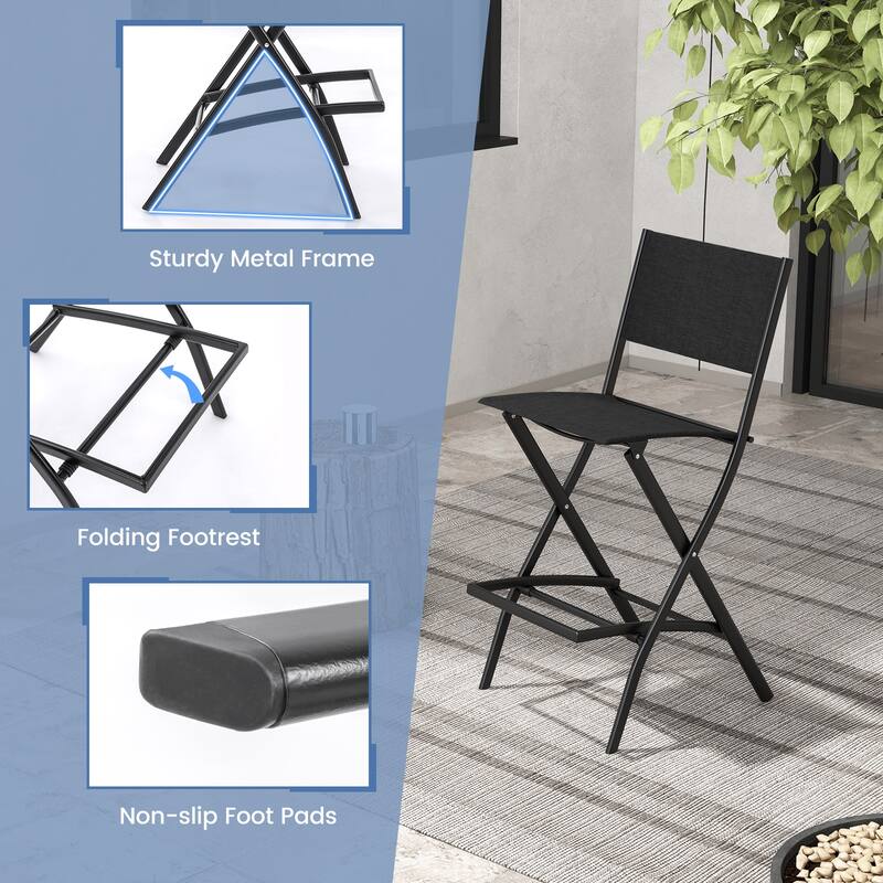 Gymax Folding Bar Stools Set of 2 Patio Sling Chairs w/ Backrest