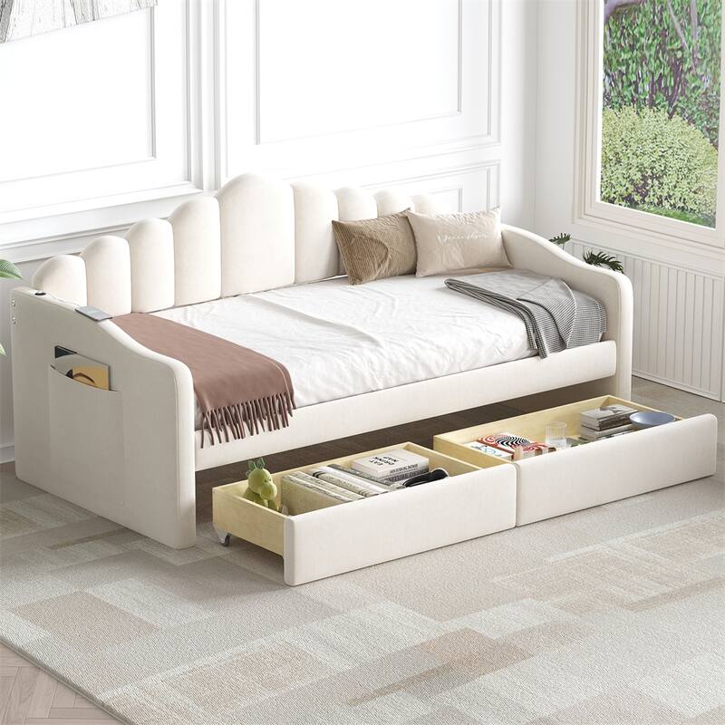 Twin size Upholstered Daybed with 2 Drawers ,Velvet Sofabed