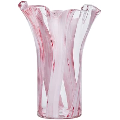 Set of Two Pink Striped Handblown Glass Vases with Scalloped Edges