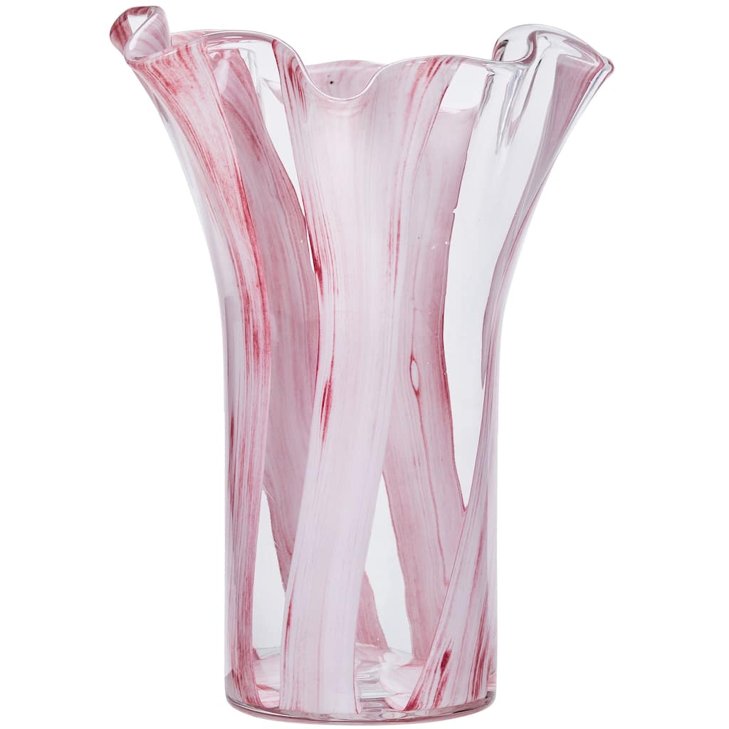Set of Two Pink Striped Handblown Glass Vases with Scalloped Edges