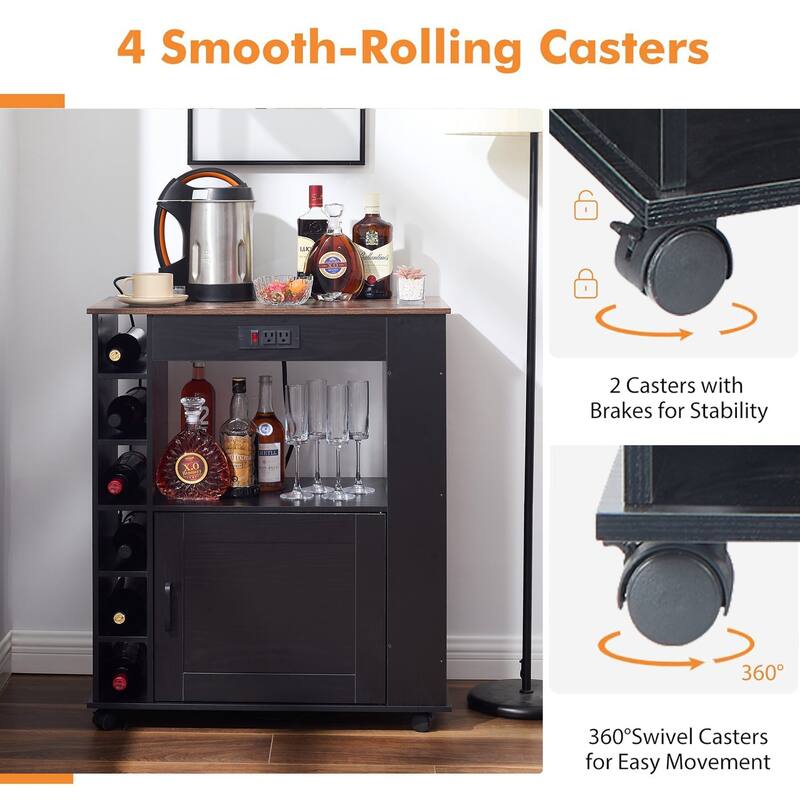 VECELO Kitchen Cart with Wheels and Charging Station,35.4'Kitchen Island Cart Wine Rack Bar Table, Bar Cabinet