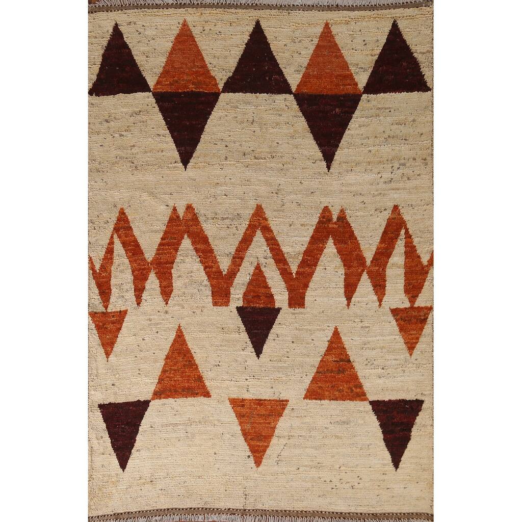 Hand Knotted Oriental 100% Wool Carpet Modern Geometric Beige & Ivories Moroccan Area Rug - 7' 9'' X 5' 9''