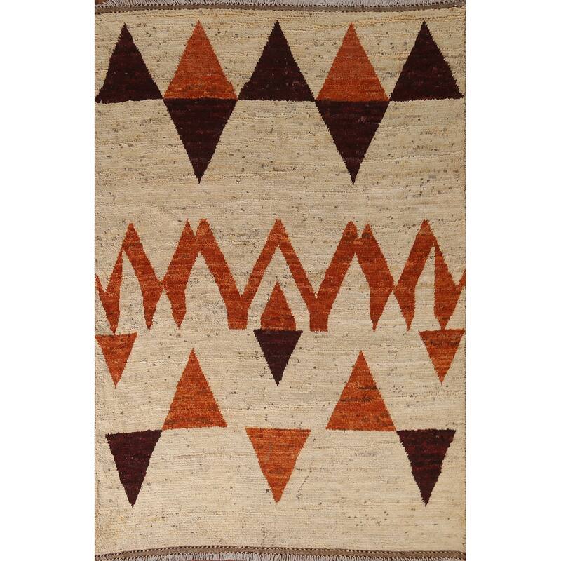 Hand Knotted Oriental 100% Wool Carpet Modern Geometric Beige & Ivories Moroccan Area Rug - 7' 9'' X 5' 9''