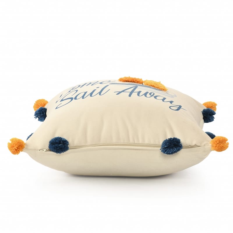 HomeRoots 20" Natural Blue And Orange Come Sail Away Throw Pillow With Pompoms And Texture