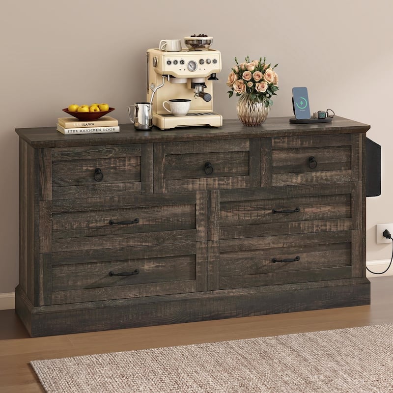 Moasis Farmhouse 59" 6 Drawer/7 Drawers Dresser Chest of Drawers Storage Organizer For Bedroom - Dark Rustic Oak - 7-drawer