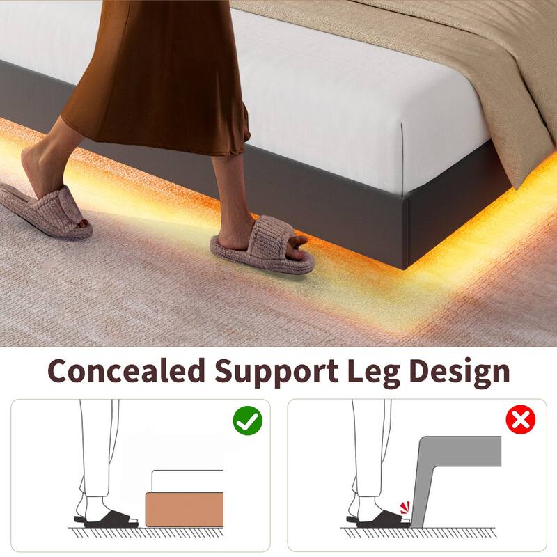Full/Queen Floating Bed Frame with LED Lights & Charging Station, Upholstered Platform Beds with Storage Headboard