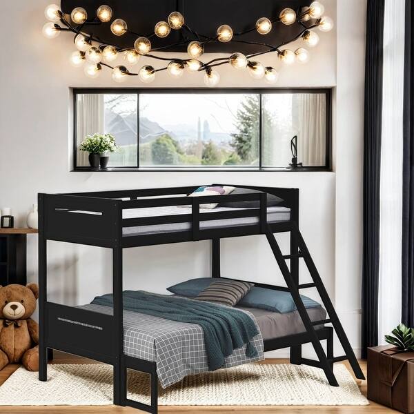 slide 2 of 9, Square Design Twin/Full Wood Bunk Bed with Ladder Black