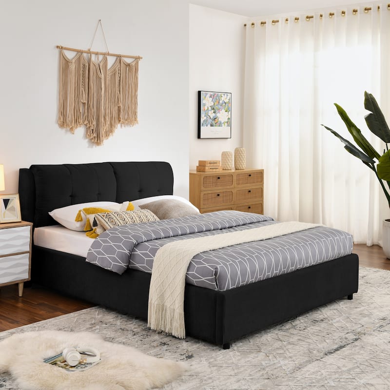 Hydraulic Storage Bed Frame Chenille Upholstered Platform Bed Queen Size Low Profile Bed with Integrated Headboard