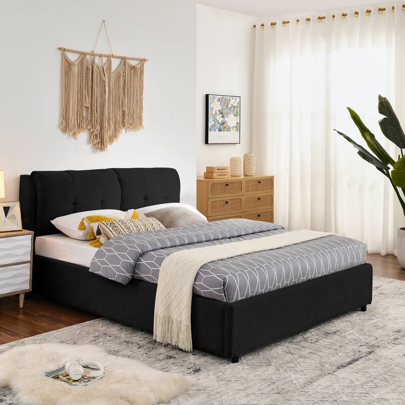 Roomfitters Queen/King Storage Upholstered Hydraulic Platform Bed with Integrated Headboard, Chenille Fabric