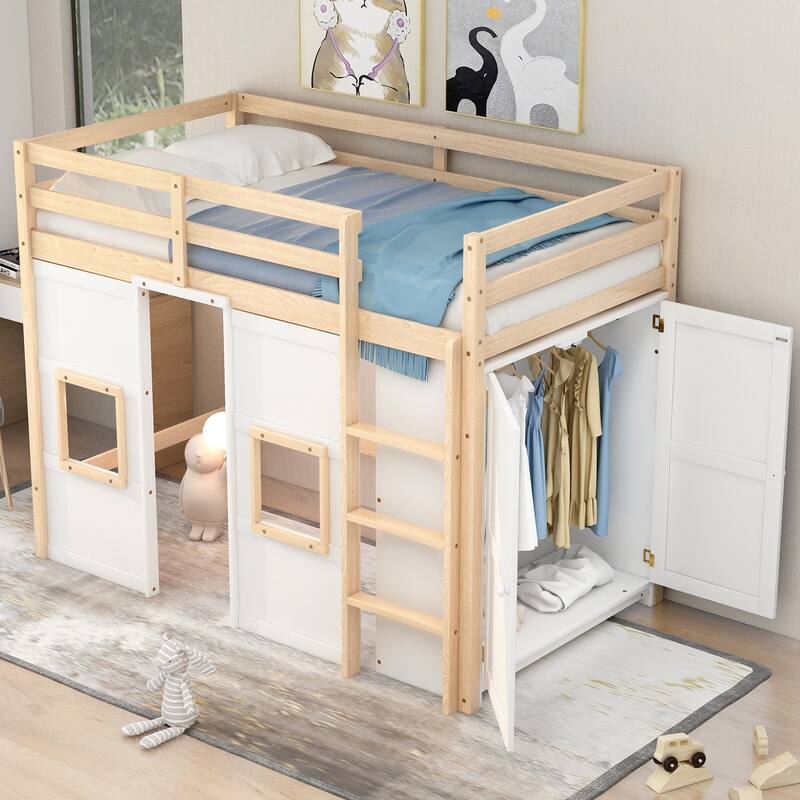 Twin Size House Loft Bed with Built-in Wardrobe & Guardrail, Wooden Twin Loftbed Frame with Large Under-Bed Space for Kids Teens