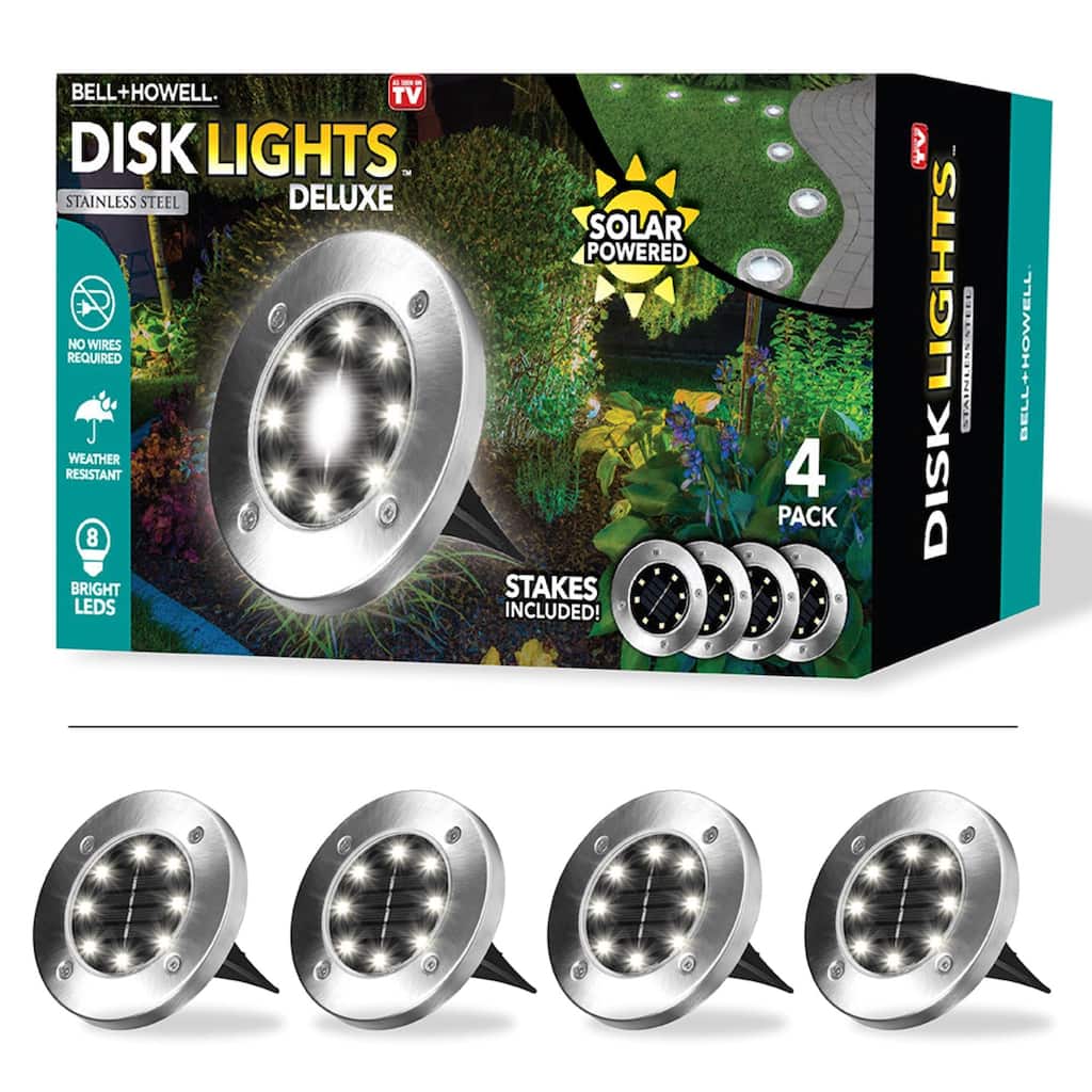 Bell + Howell LED Solar Powered Disk Lights Auto On/Off, Weather-Resistant, 4-Pack with Stakes - Silver